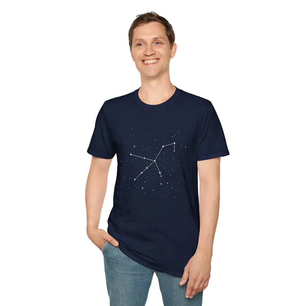 Man wearing navy blue celestial Orion constellation star lover tee with stunning constellation design