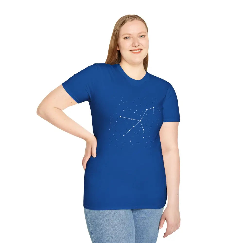 Blue short-sleeved star lover tee with stunning celestial Orion constellation graphic