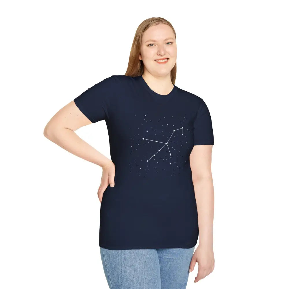 Dark blue unisex T-shirt featuring a stunning constellation design of the Celestial Orion Constellation, perfect star lover tee