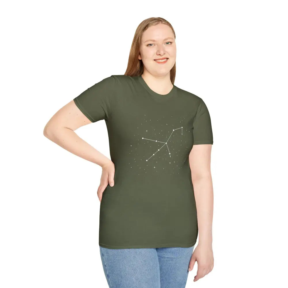 Woman wearing a dark olive green T-shirt with stunning constellation design of Celestial Orion constellation star lover tee