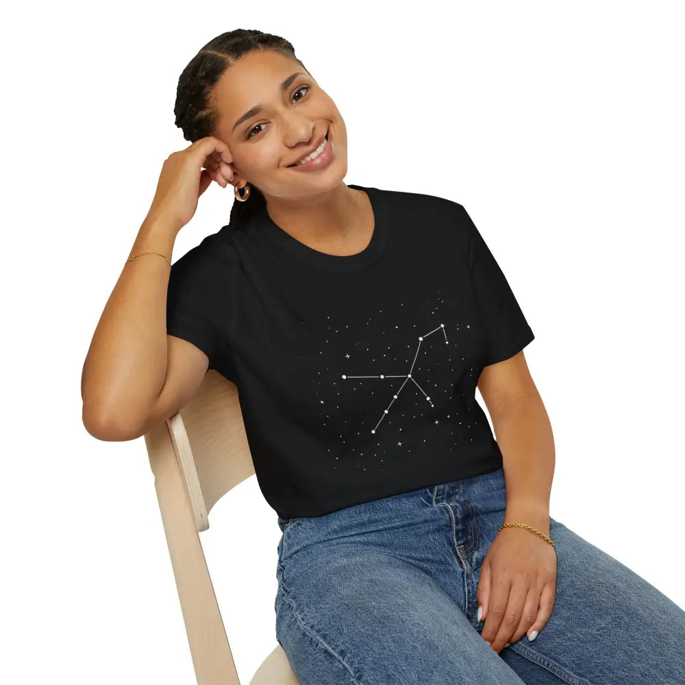 Black t-shirt with a stunning constellation design of the Celestial Orion Constellation star lover tee