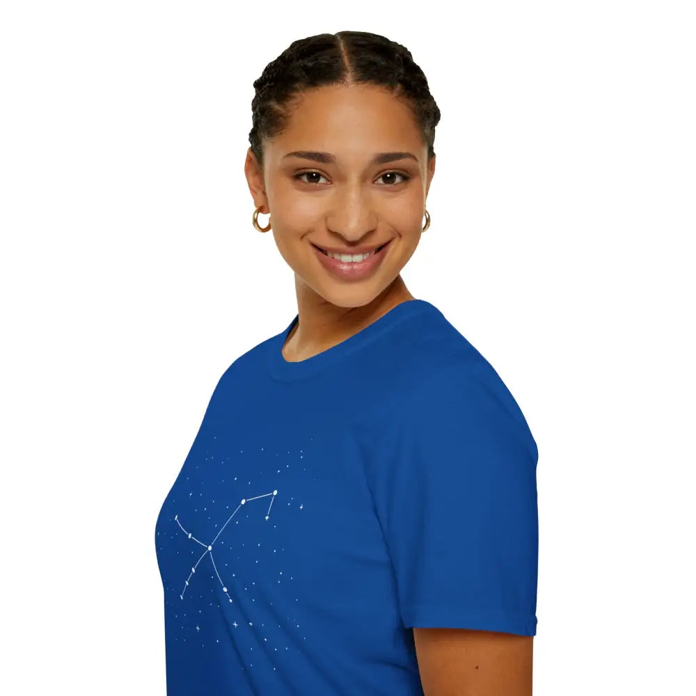 Woman wearing a blue star lover tee with stunning constellation design of Celestial Orion Constellation