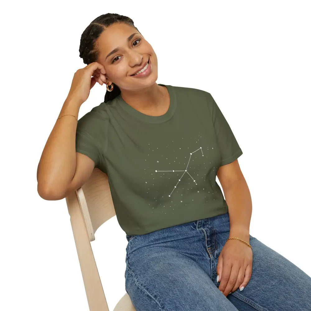 Woman wearing olive green Celestial Orion Constellation star lover tee with cosmic design