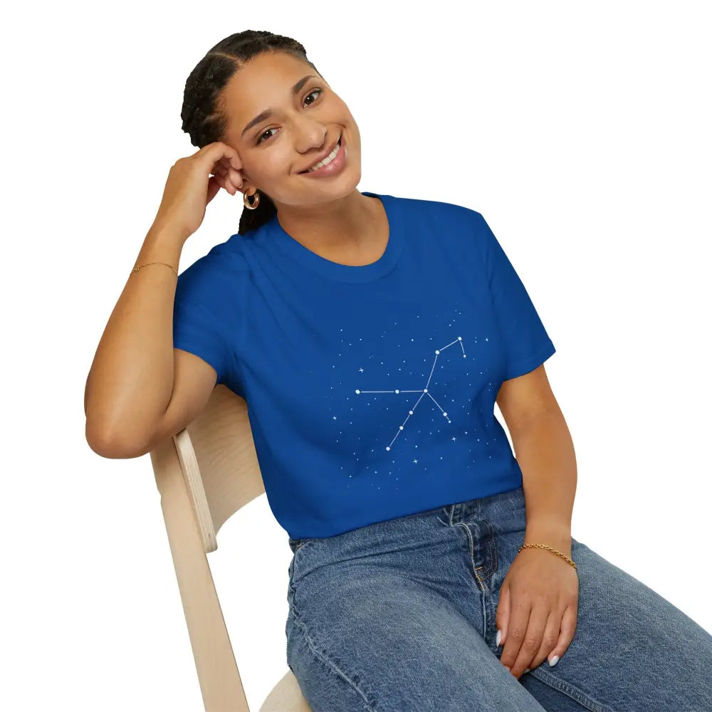 Smiling woman wearing blue Star Lover Tee with stunning Celestial Orion Constellation design