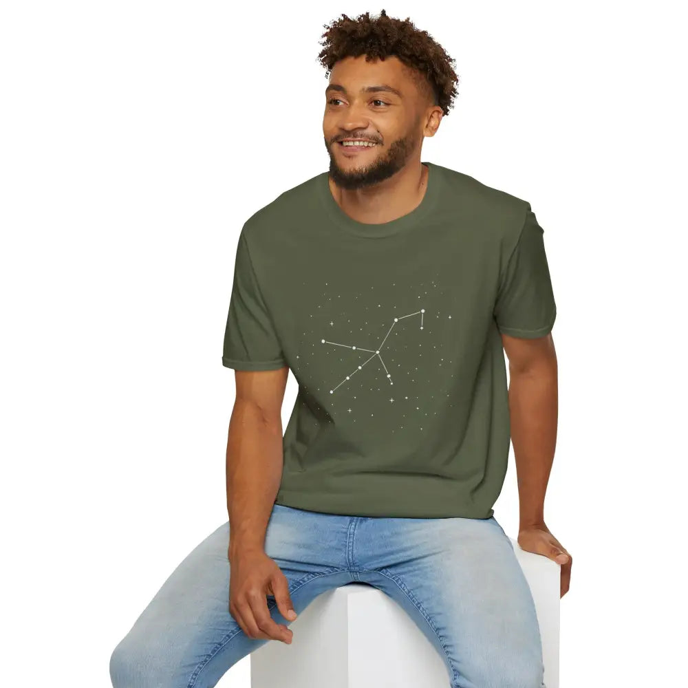 Olive green star lover tee with stunning celestial Orion constellation graphic