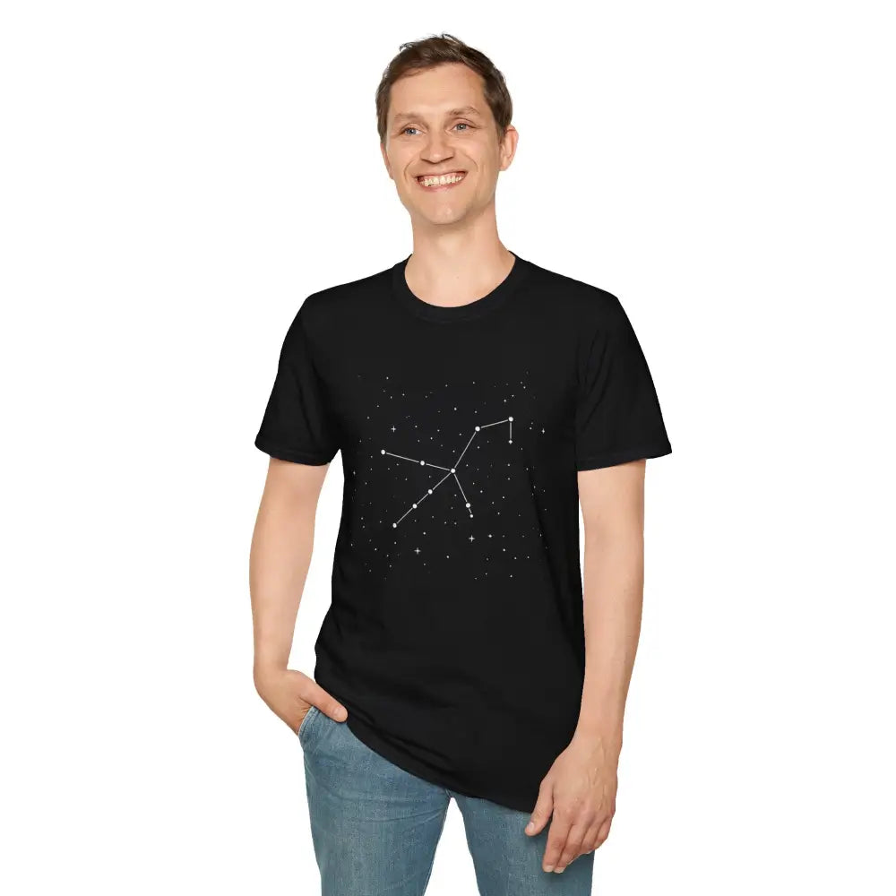 Black T-shirt featuring a stunning celestial Orion constellation star lover tee design