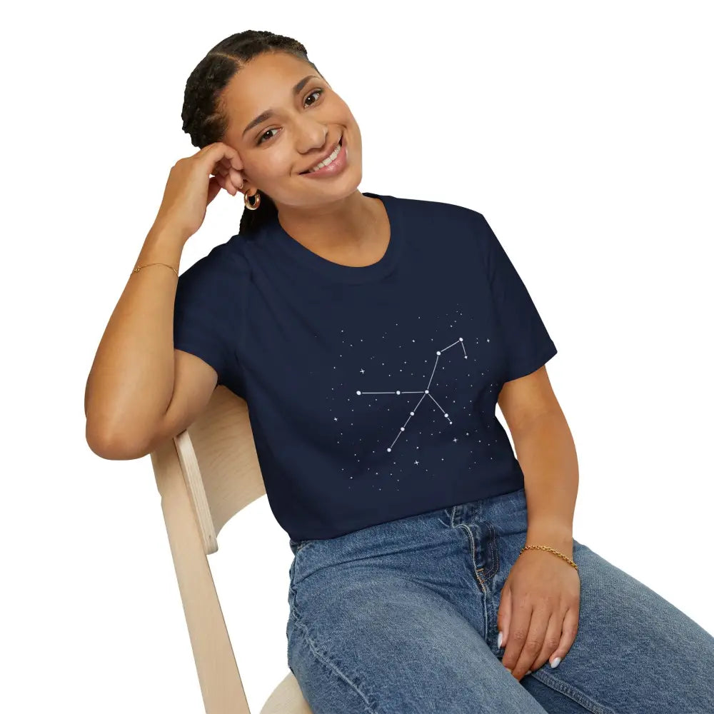 Woman wearing navy blue Celestial Orion Constellation Unisex T-Shirt with stunning constellation design and star lover tee style