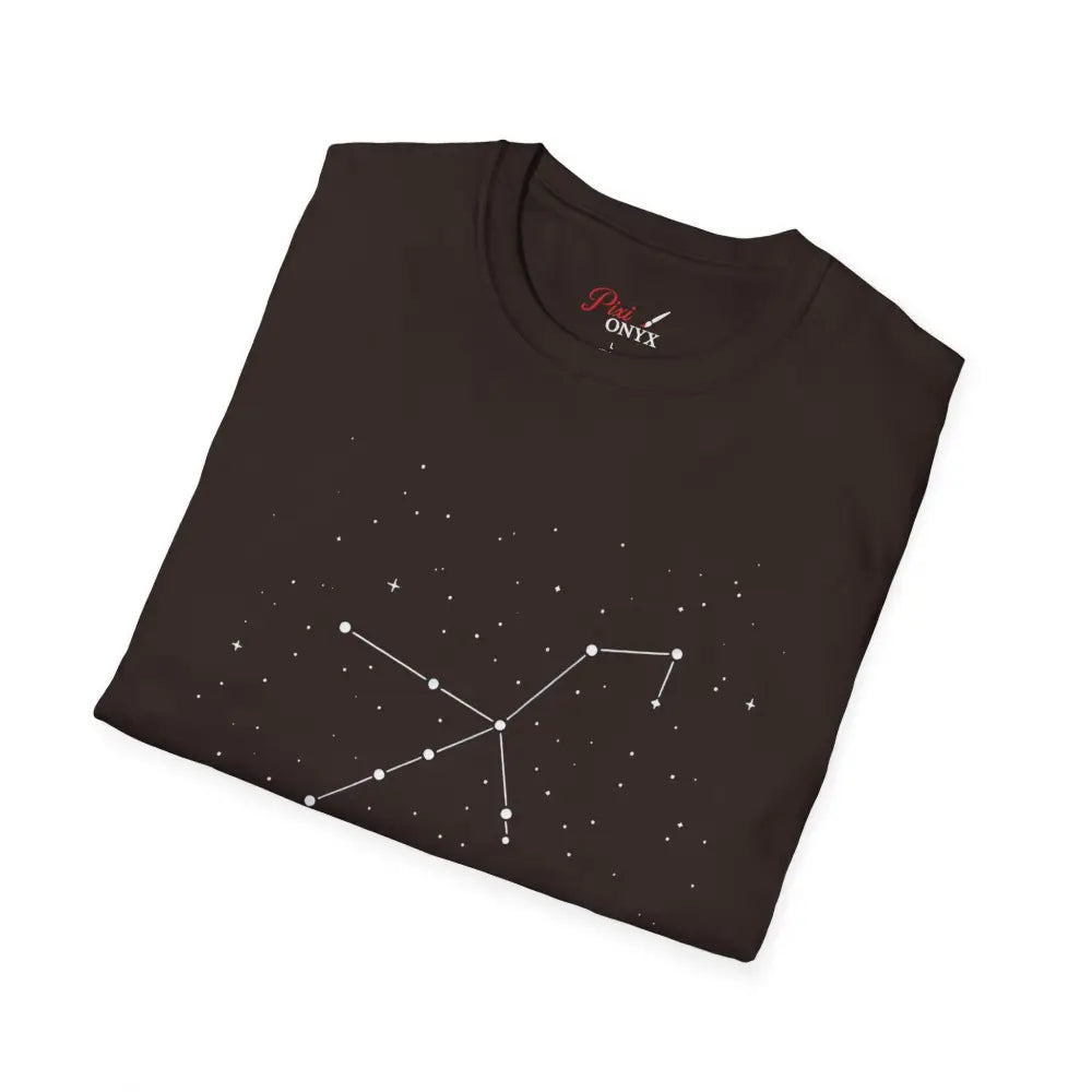 Folded black T-shirt with stunning constellation design of the Celestial Orion Constellation star lover tee