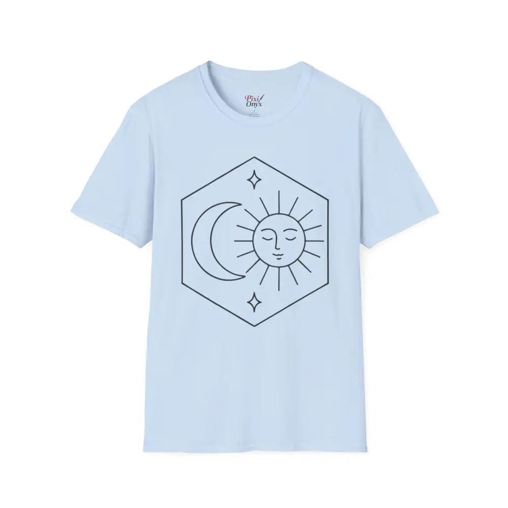 Light blue Celestial Sun and Moon unisex T-shirt with graphic, low heat care instructions
