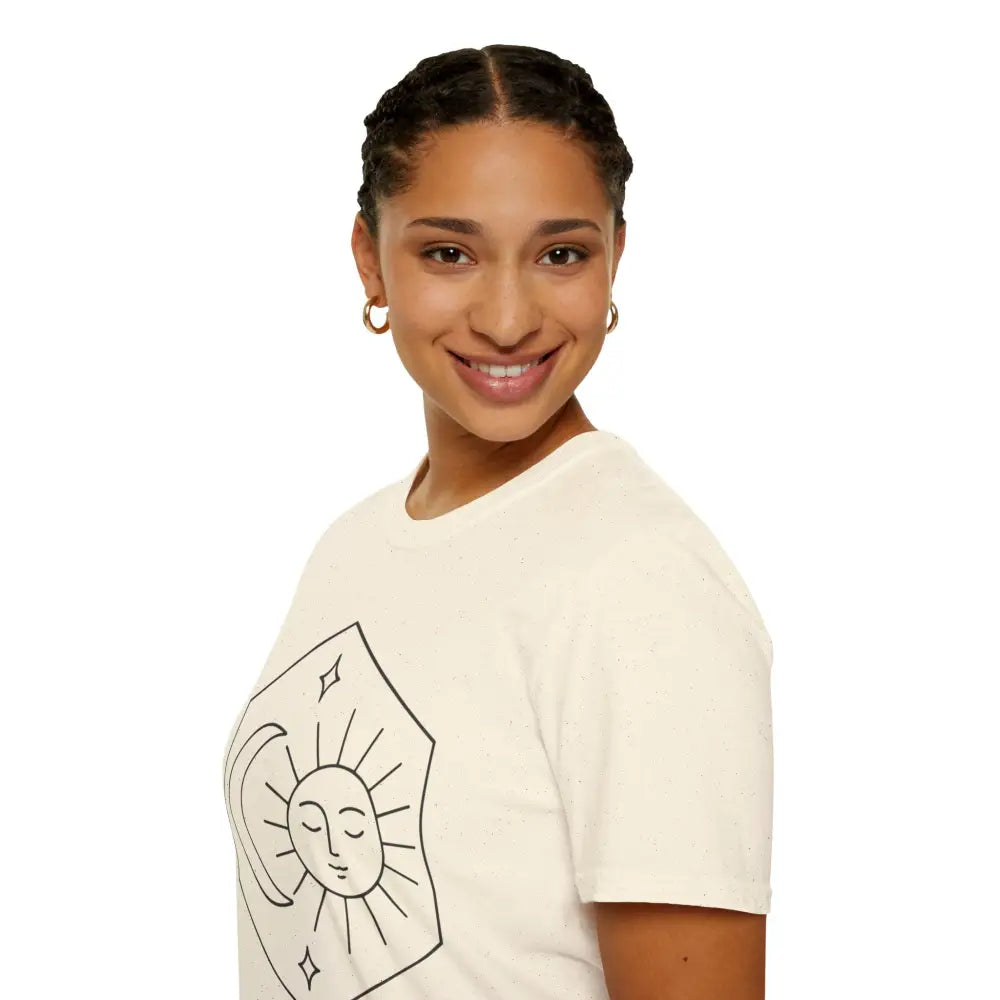 Smiling woman with braided hair wearing Celestial Sun and Moon unisex T-shirt, ideal for astrology lovers