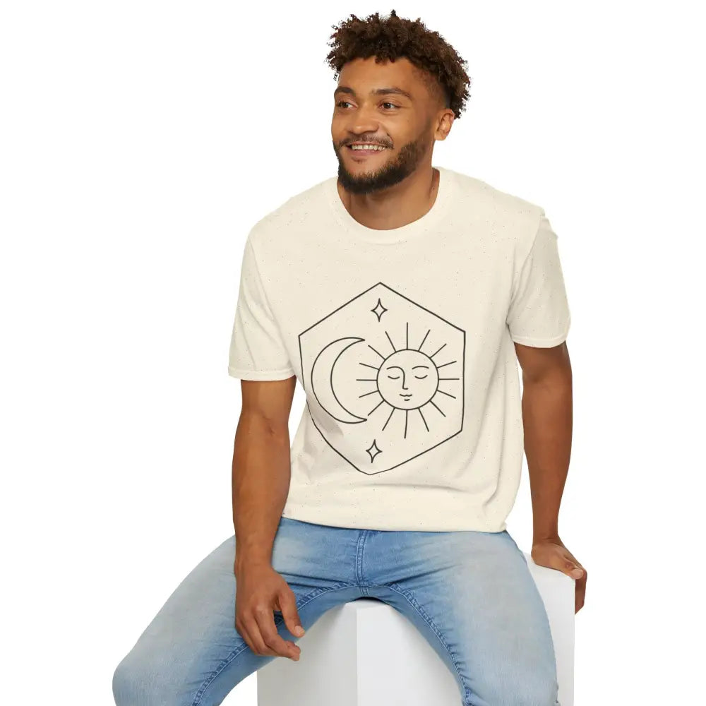 Light-colored unisex T-shirt with celestial moon, sun, and stars graphic, easy care, low heat