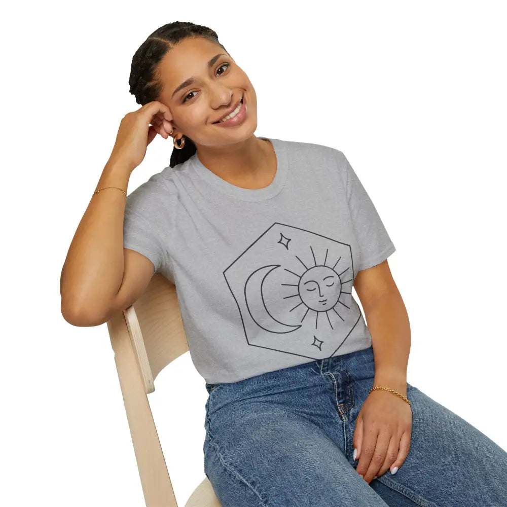 Woman wearing Celestial Sun and Moon Unisex T-Shirt with sun and moon graphic, easy care
