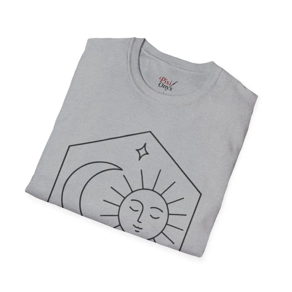 Light gray unisex T-shirt with celestial sun and moon graphic, low heat care, tumble dry safe