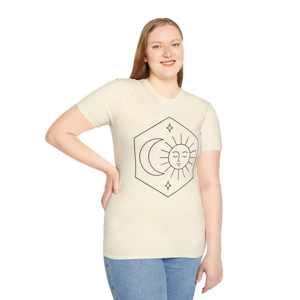 Woman wearing cream celestial sun and moon graphic T-shirt with blue jeans, low heat care