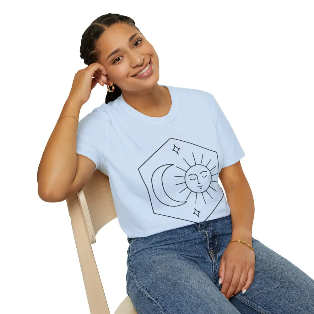 Light blue Celestial Sun and Moon unisex T-shirt with black line-art graphic, easy care instructions