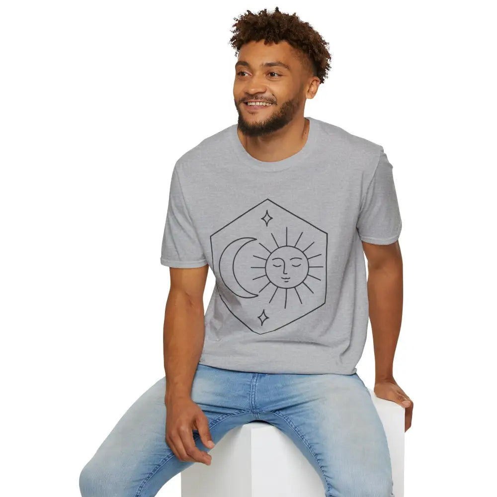 Light grey celestial sun and moon graphic unisex T-shirt with low heat care instructions