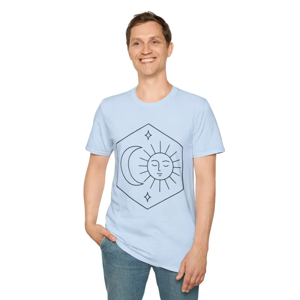 Light blue celestial T-shirt with moon sun stars hexagon design, low heat care