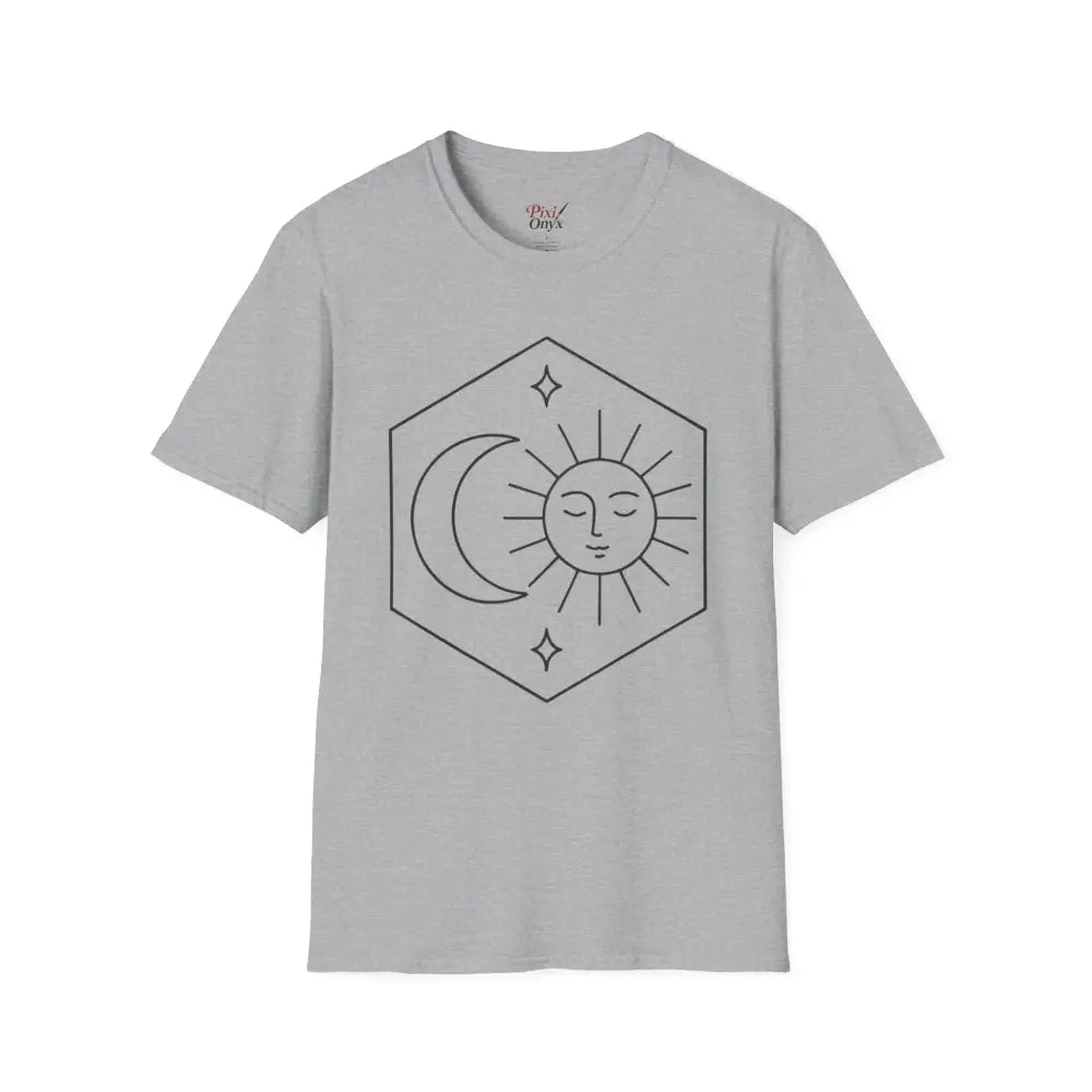 Light grey Celestial Sun and Moon unisex T-shirt with black line art design, easy care