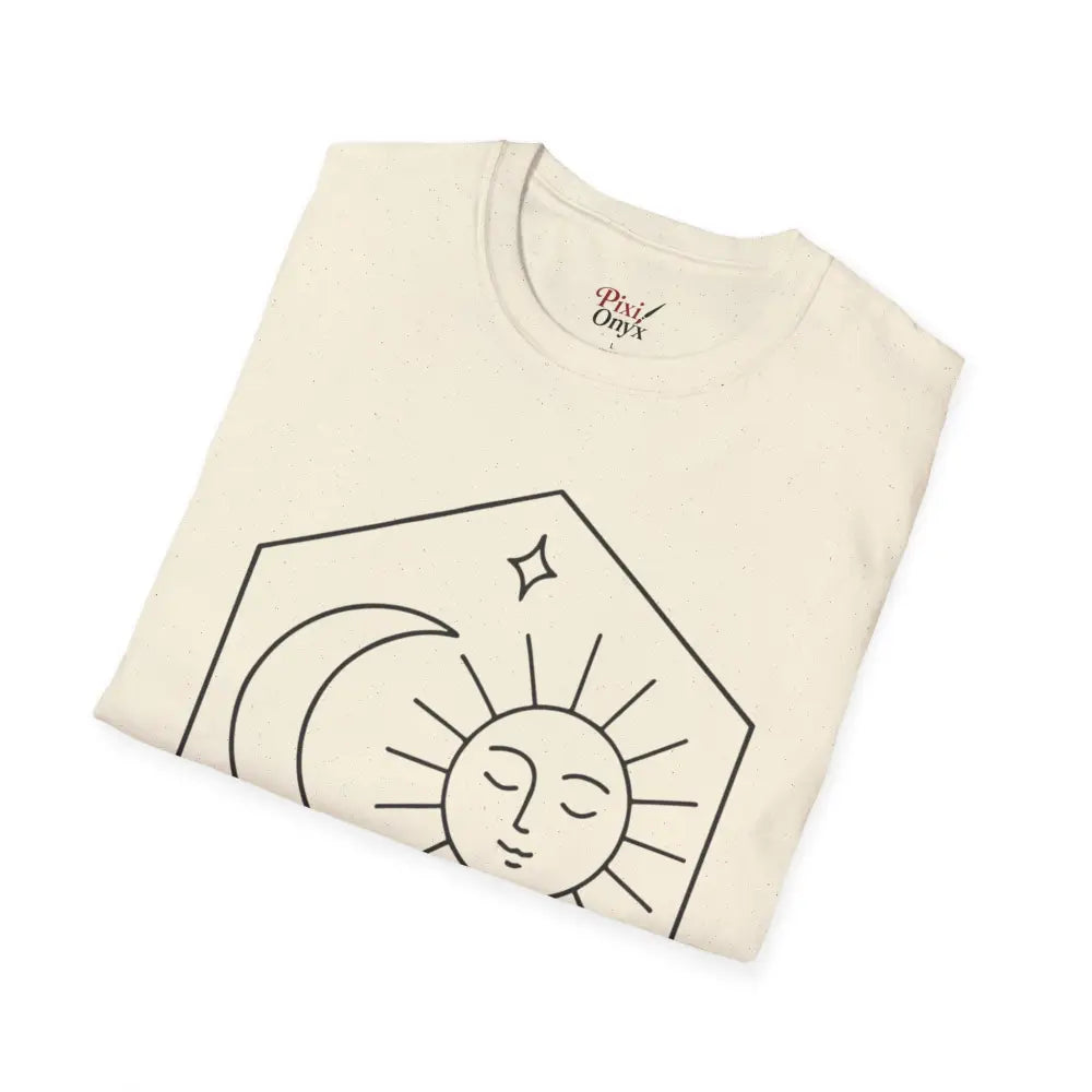 Cream-colored Celestial Sun and Moon T-Shirt with black line-art design, low heat care