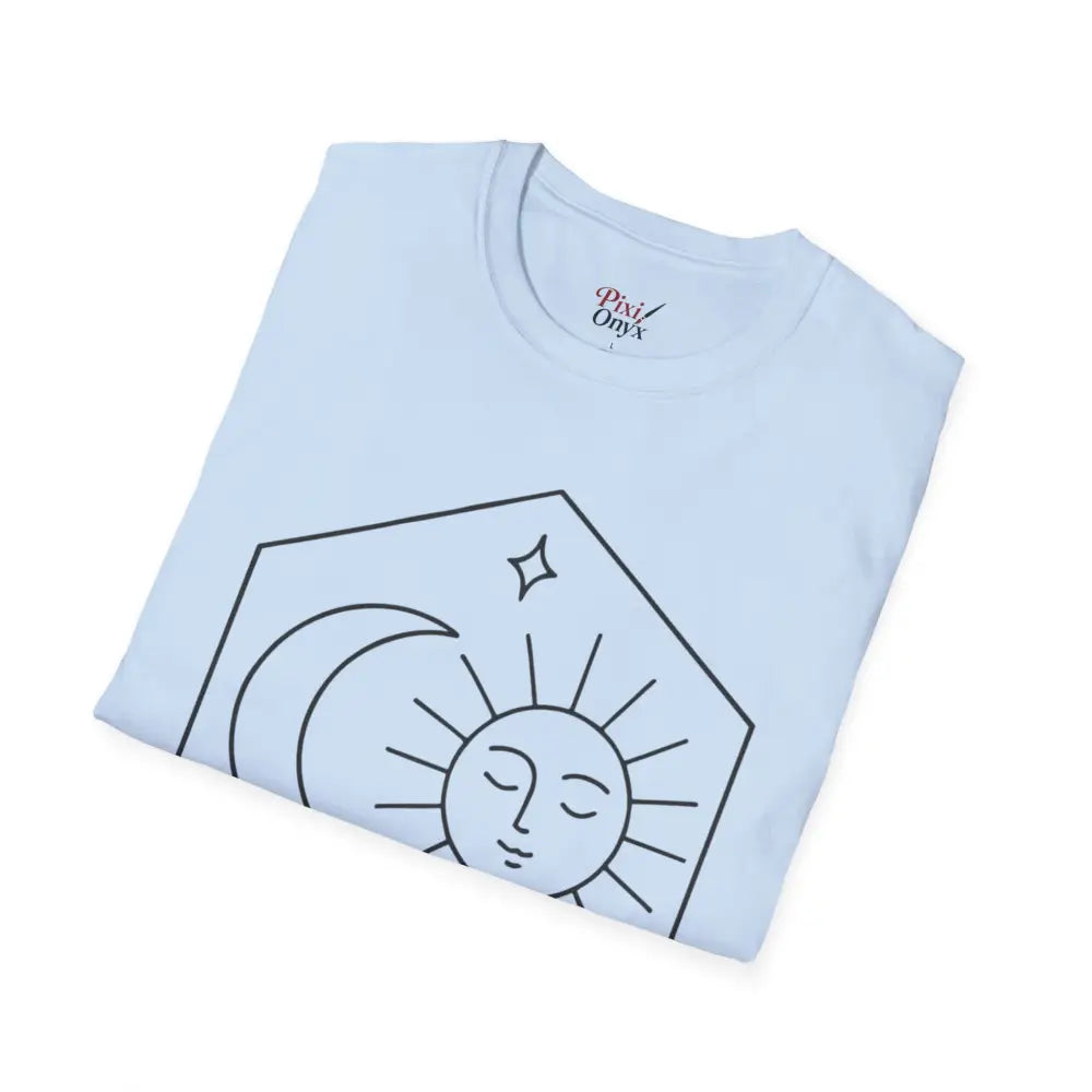 Light blue unisex celestial t-shirt with moon and sun graphic, ideal for astrology lovers