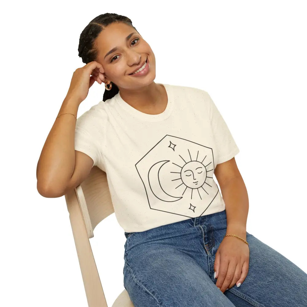 Woman wearing cream celestial sun and moon graphic T-shirt with blue jeans, easy care instructions