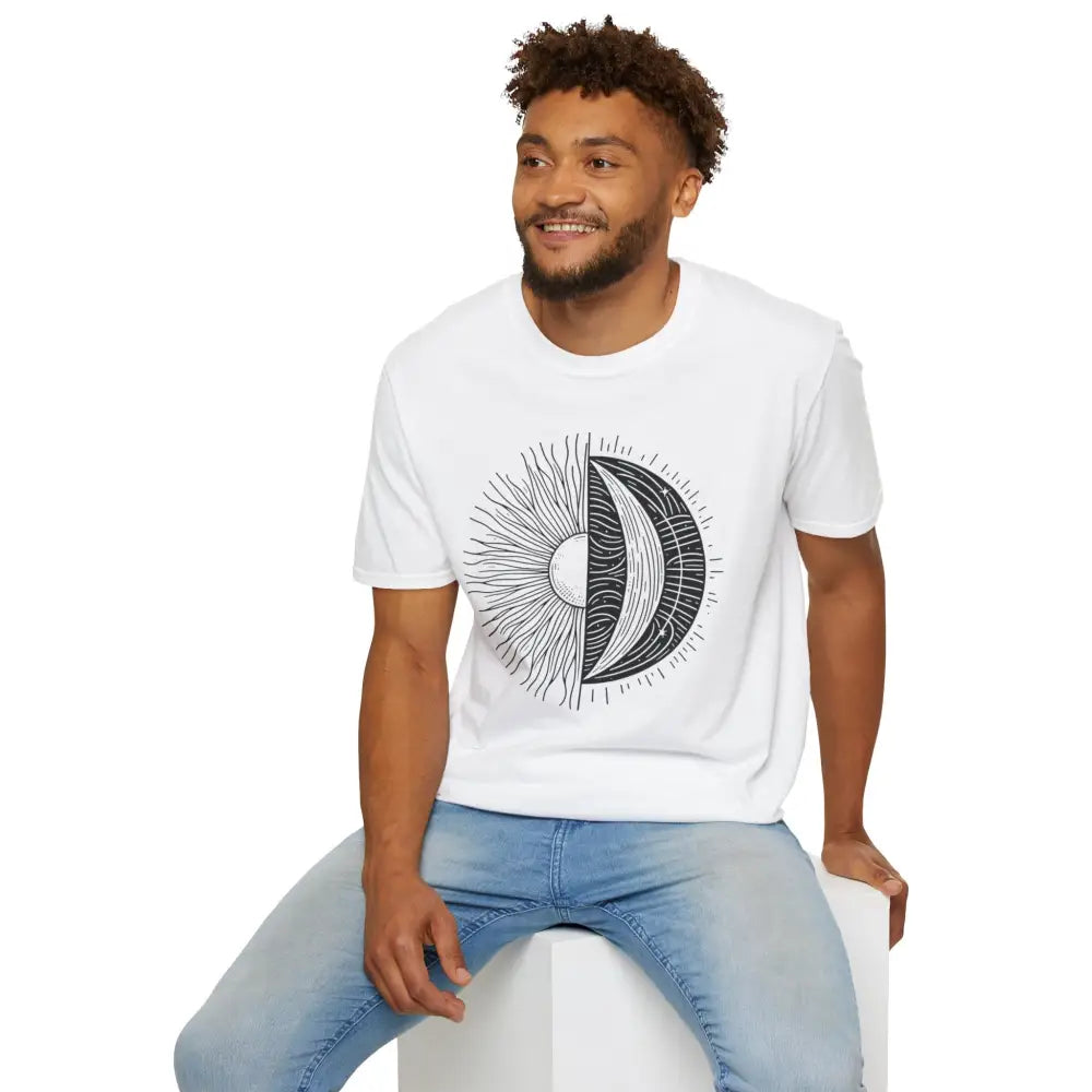 White unisex softstyle t-shirt with celestial sun and moon graphic, seamless design reduces irritation