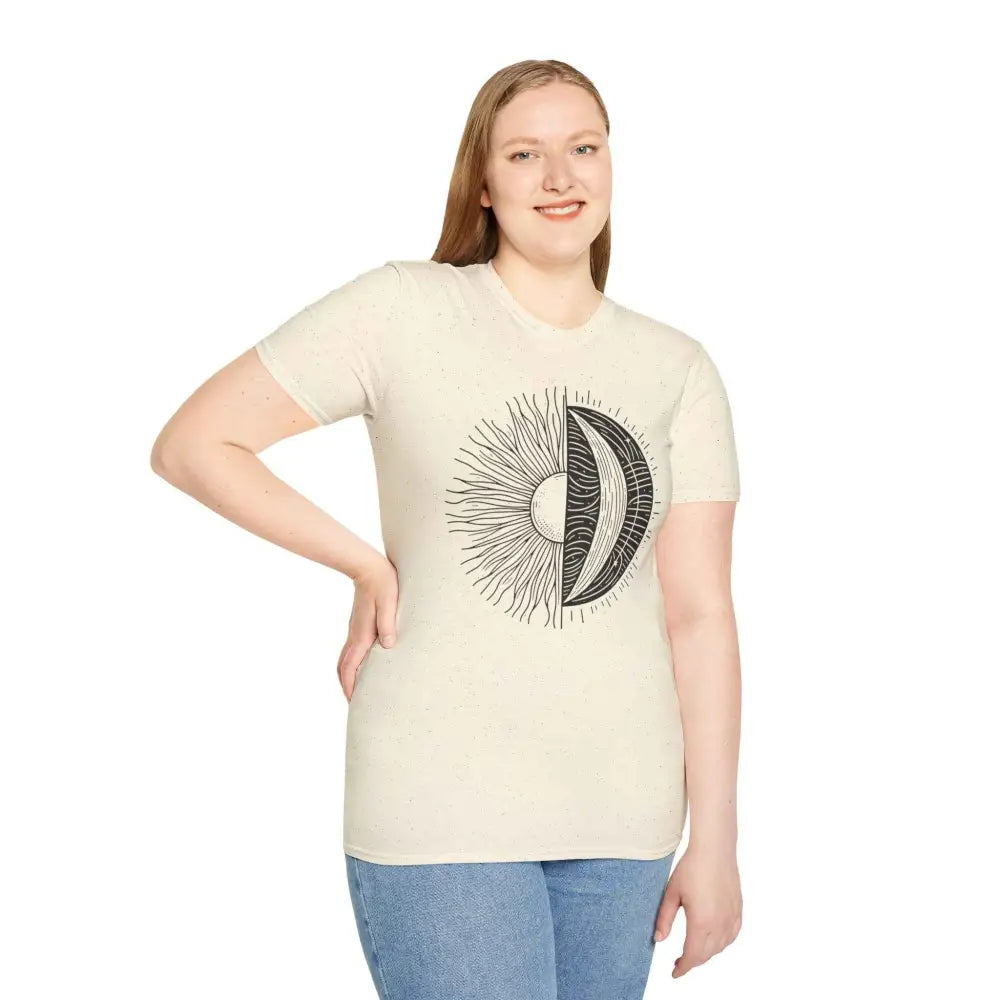 Cream-colored unisex softstyle t-shirt with sun and crescent moon graphic, seamless design