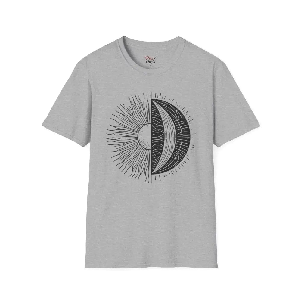 Light gray unisex softstyle t-shirt with black sun and moon graphic and ribbed collar retains style