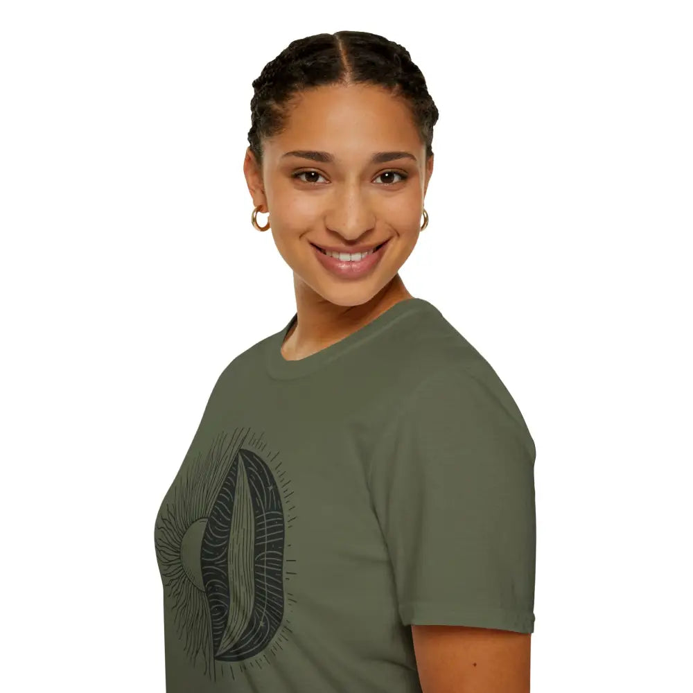 Young woman with braided hair wearing dark olive green unisex softstyle t-shirt with black abstract design