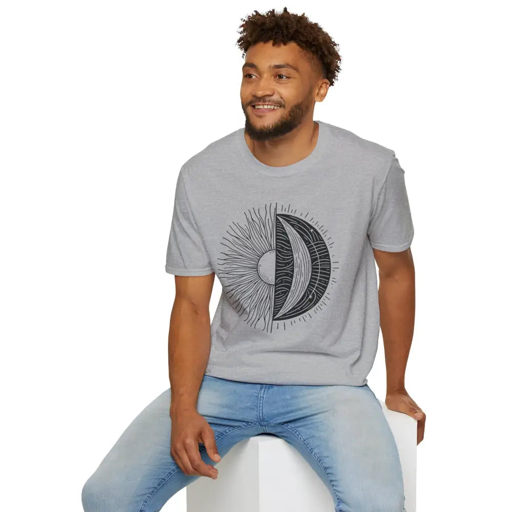 Light grey unisex softstyle t-shirt with sun and moon graphic design, seamless and ribbed collar retains style
