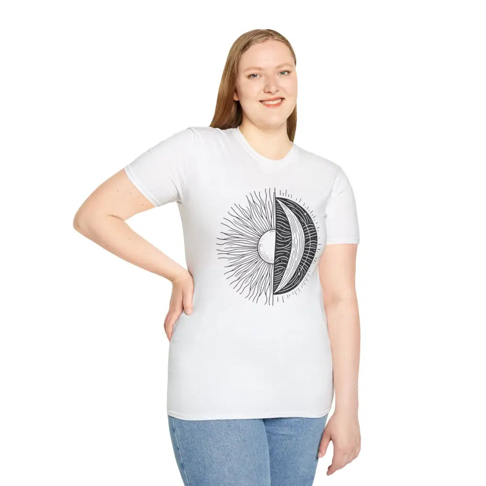 Woman in white unisex softstyle t-shirt with sun and moon design, seamless ribbed collar