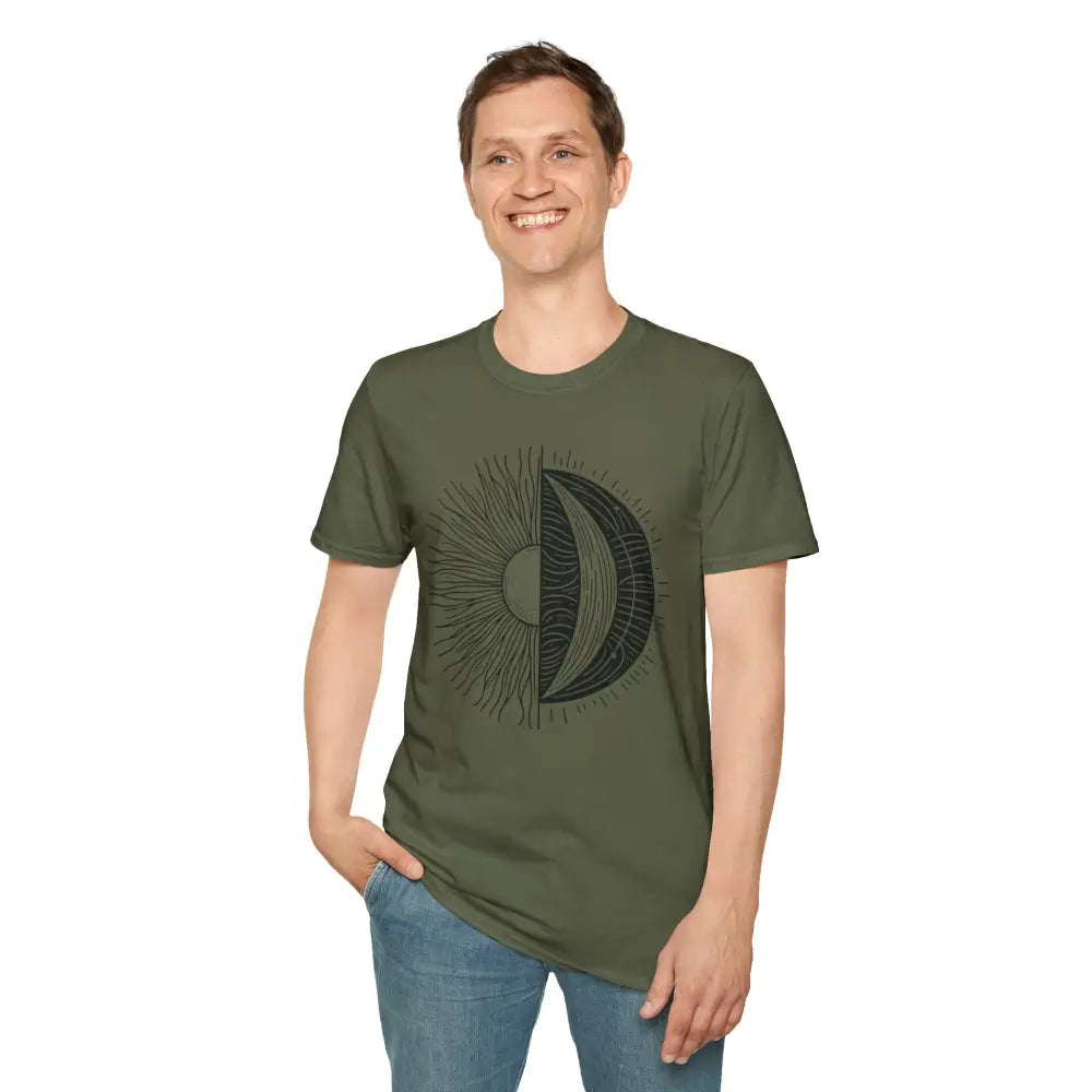 Man wearing olive green celestial sun moon unisex softstyle t-shirt with seamless design