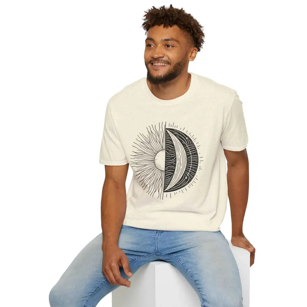 Light-colored unisex softstyle t-shirt with sun and moon graphic, seamless design reduces irritation