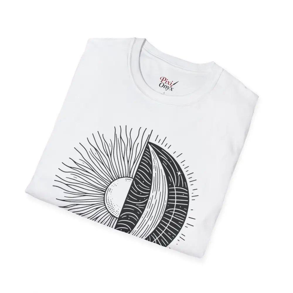 Unisex softstyle t-shirt with sun and moon graphic, ribbed collar retains, seamless design reduces