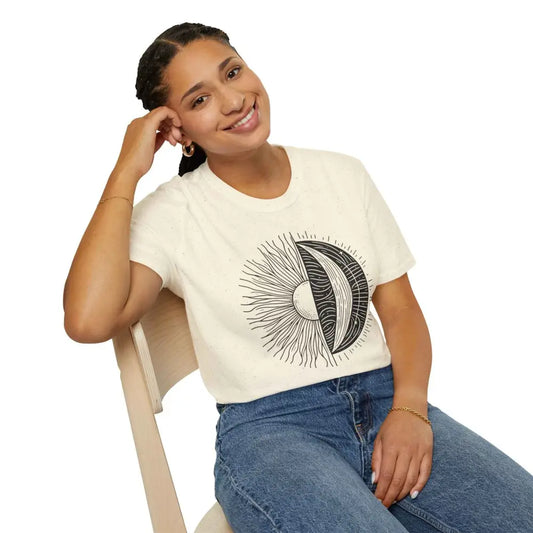 Cream-colored unisex softstyle t-shirt with sun and moon graphic and ribbed collar retains style