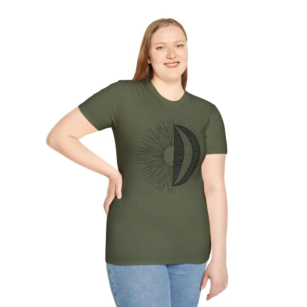 Woman wearing olive green unisex softstyle t-shirt with sun and moon graphic, seamless design