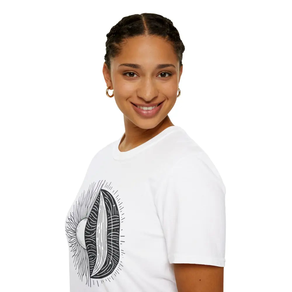 Young woman wearing a white unisex softstyle t-shirt with a black and white graphic design