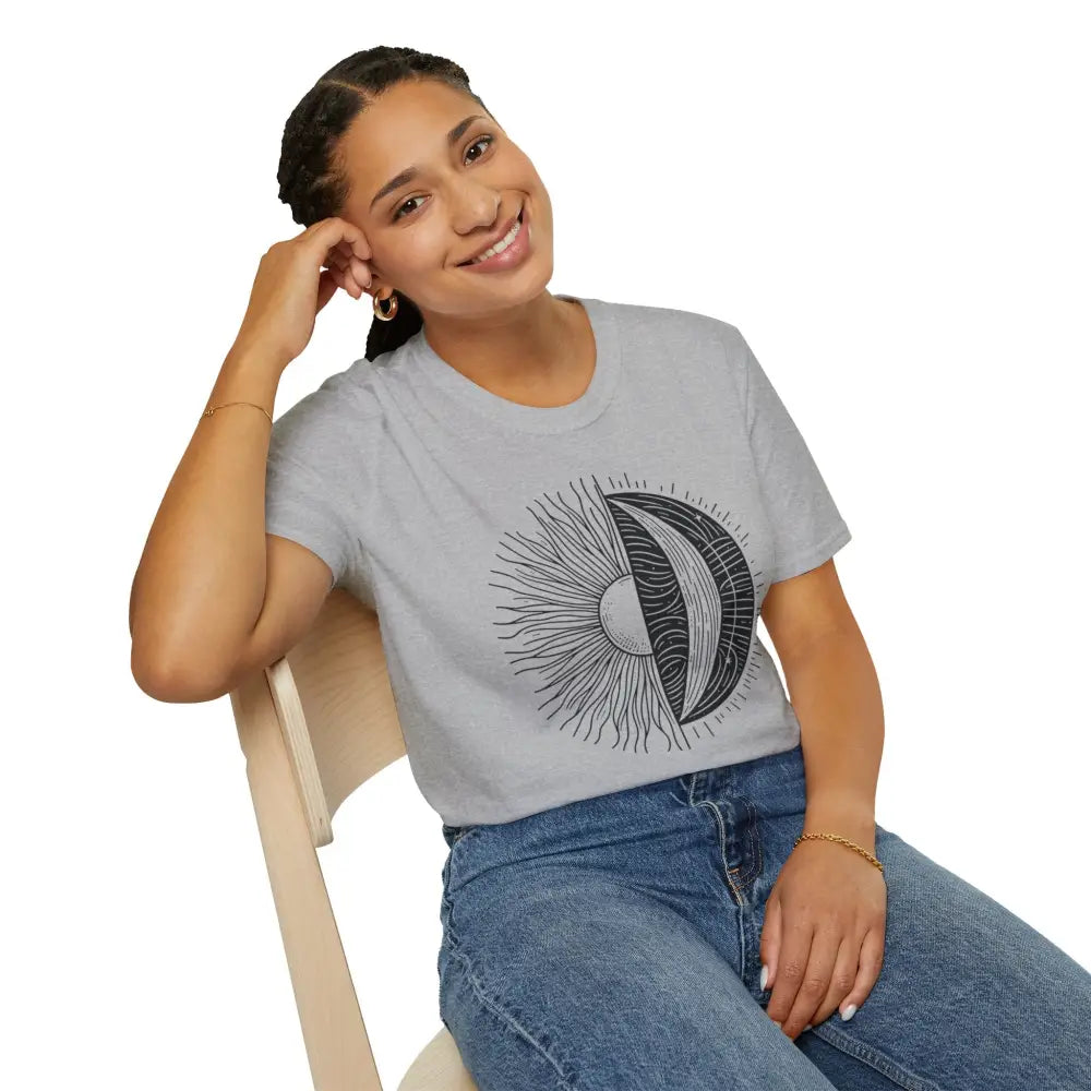 Woman wearing a celestial sun moon unisex softstyle t-shirt with seamless design reduces stress