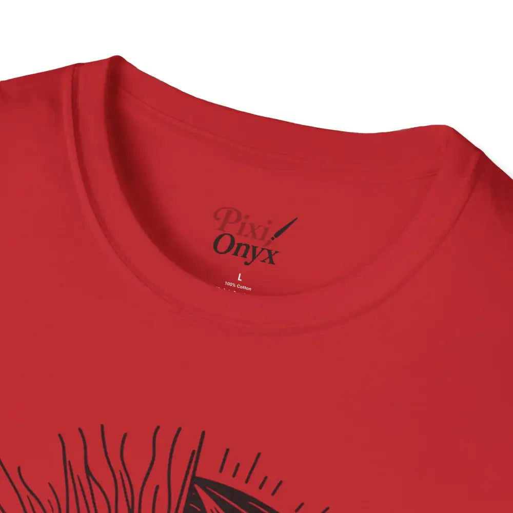 Red unisex softstyle t-shirt with celestial sun moon graphic and ribbed collar retains comfort