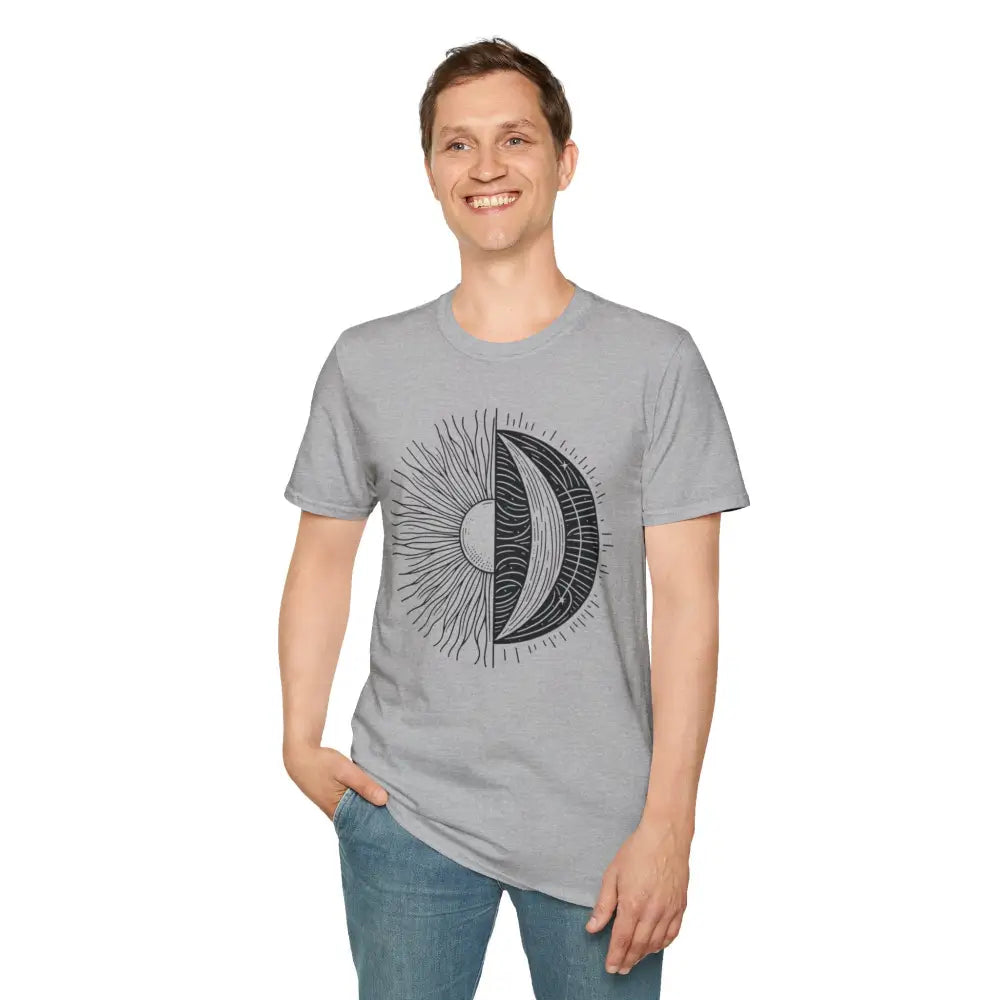 Man wearing grey celestial sun moon unisex softstyle t-shirt with seamless design and ribbed collar