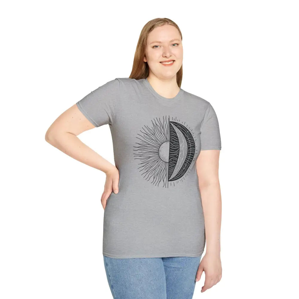 Smiling woman in celestial sun moon unisex softstyle t-shirt with seamless design reduces irritation