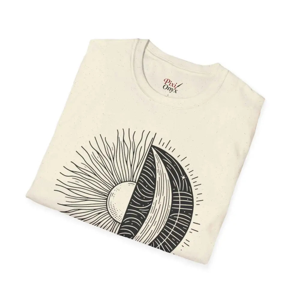 Folded cream unisex softstyle t-shirt with black sun and moon graphic, seamless design reduces discomfort