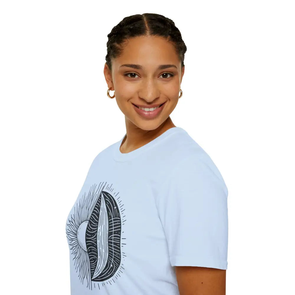 Woman wearing a white unisex softstyle t-shirt with black and white avocado design