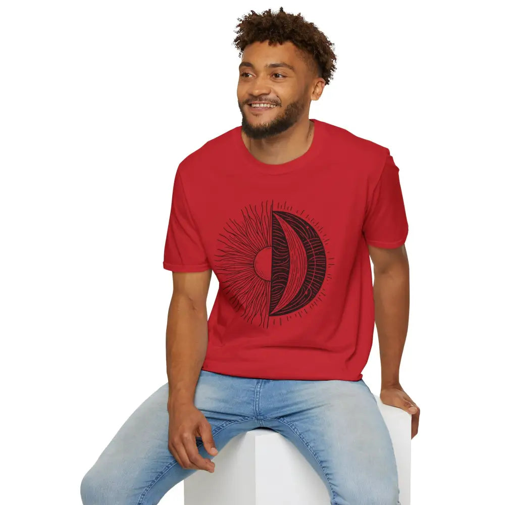 Unisex softstyle t-shirt with sun and moon design featuring ribbed collar retains seamless design reduces