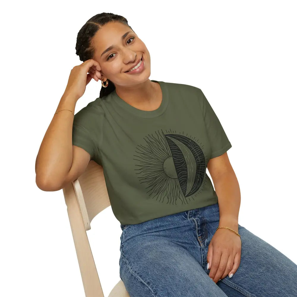 Woman wearing olive green celestial sun moon unisex softstyle t-shirt with seamless design