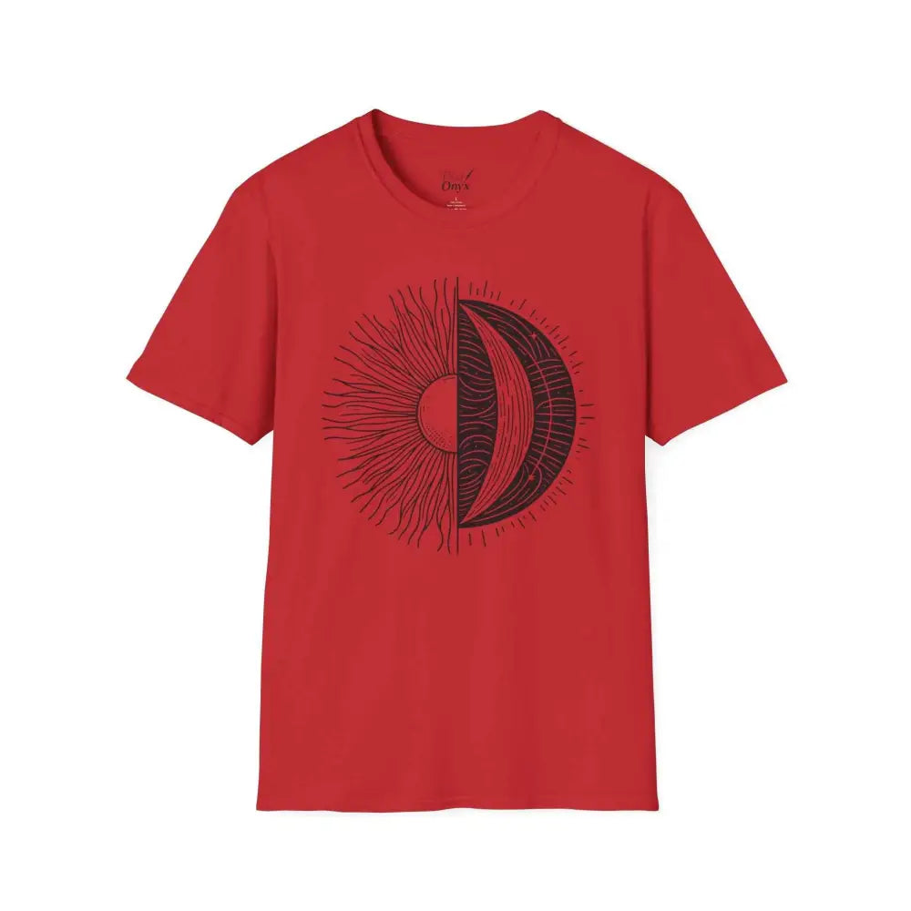 Red unisex softstyle t-shirt with celestial sun and moon design, seamless and ribbed collar retains