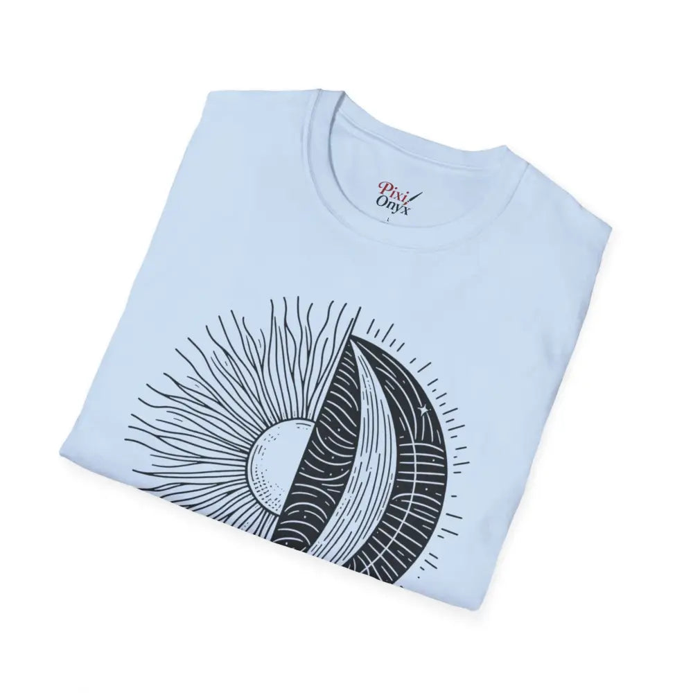 White unisex softstyle t-shirt with celestial sun and moon graphic, seamless design reduces irritation