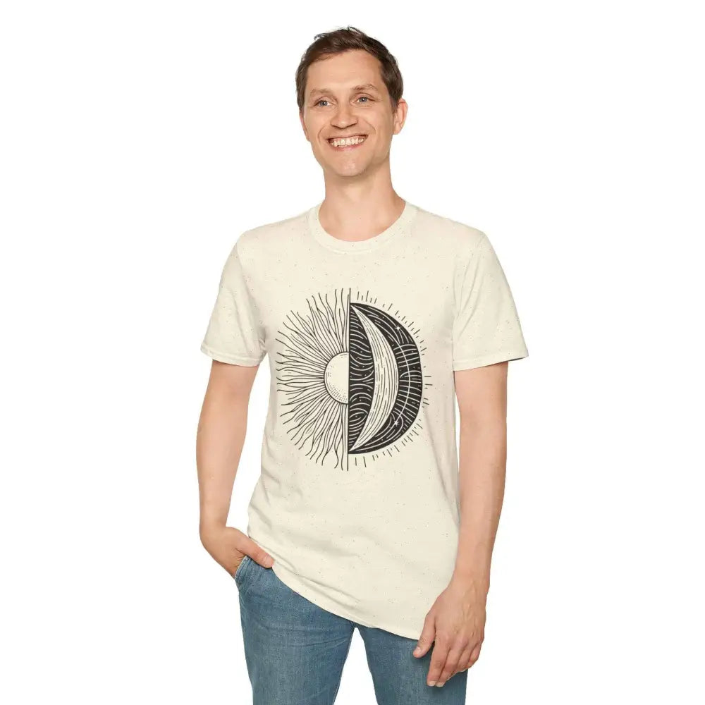 Smiling man wearing celestial Sun and Moon unisex softstyle t-shirt with seamless design