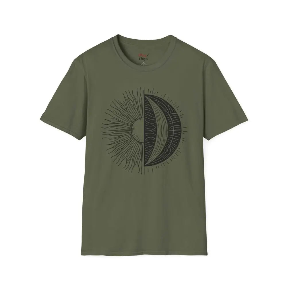 Olive green unisex softstyle t-shirt with celestial sun and moon graphic, seamless design