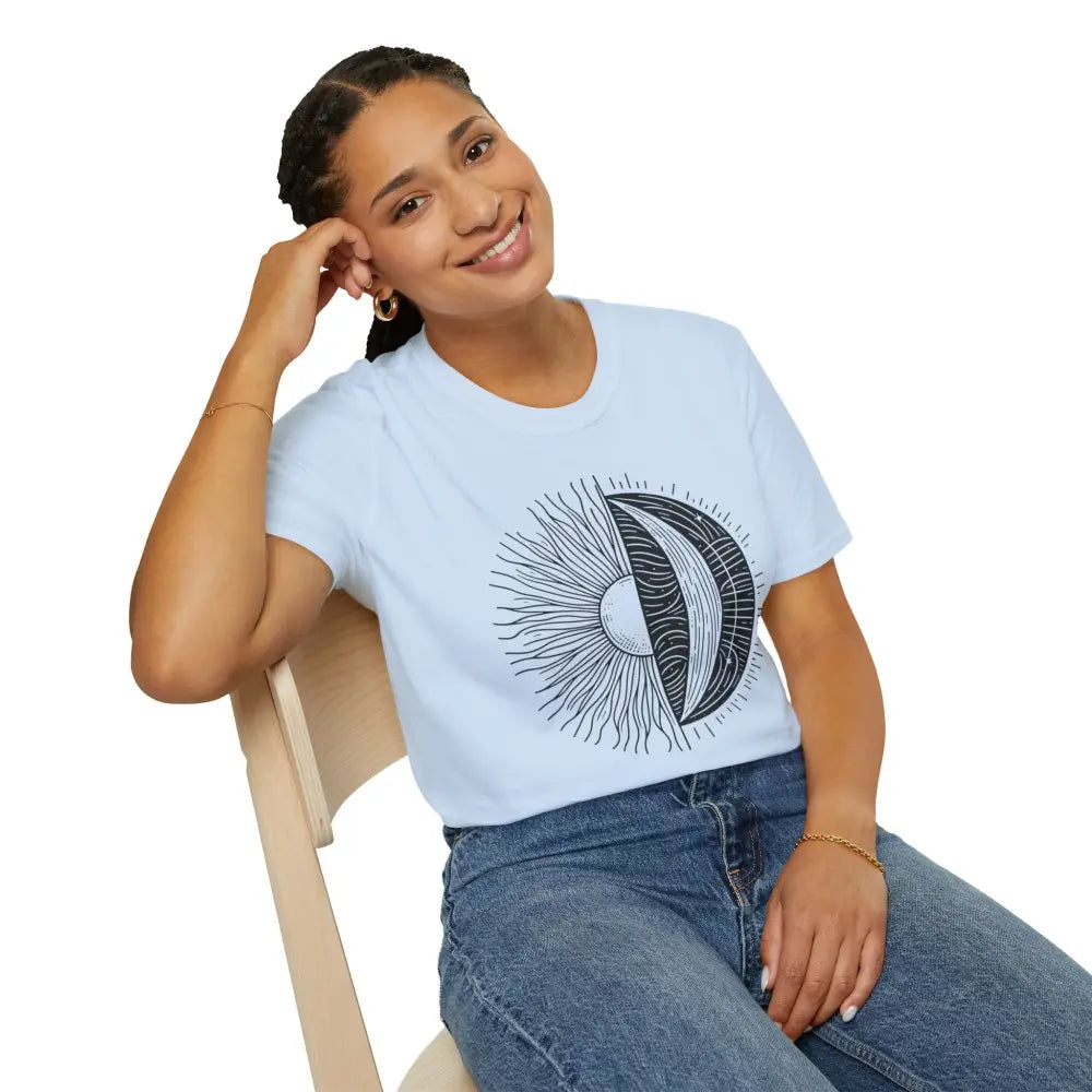 Light blue unisex softstyle t-shirt with sun and crescent moon graphic, seamless design